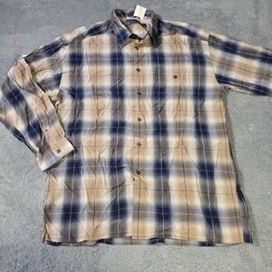 Basic Elements Mens L Shirt Navy Tan Plaid Rayon Long Sleeve Button Up Vintage